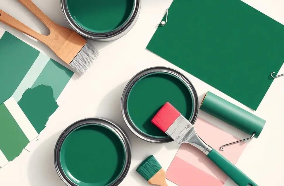 Pots de peinture, nuancier, brosses et rouleaux disposés à plat