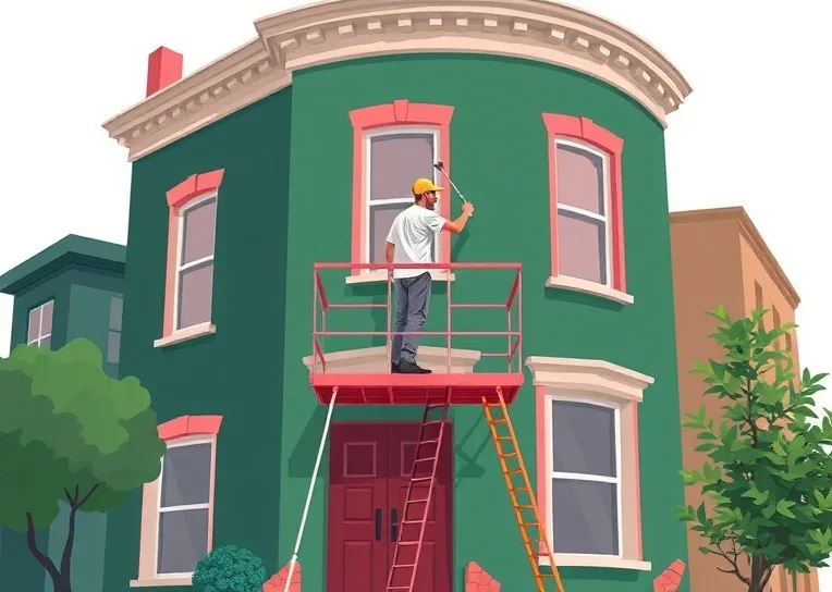 Peintre sur échafaudage traitant la façade d'une maison
