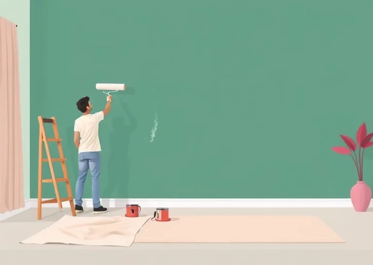 Peintre appliquant la peinture au rouleau sur un mur de salon